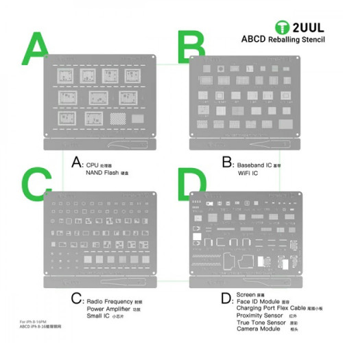 2UUL BG01 ABCD Reballing Stencil for iPh 8-16PM (4pcs/pack)