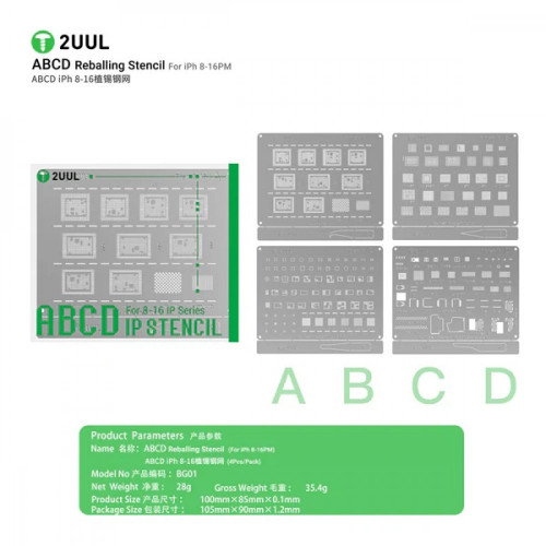2UUL BG01 ABCD Reballing Stencil for iPh 8-16PM (4pcs/pack)