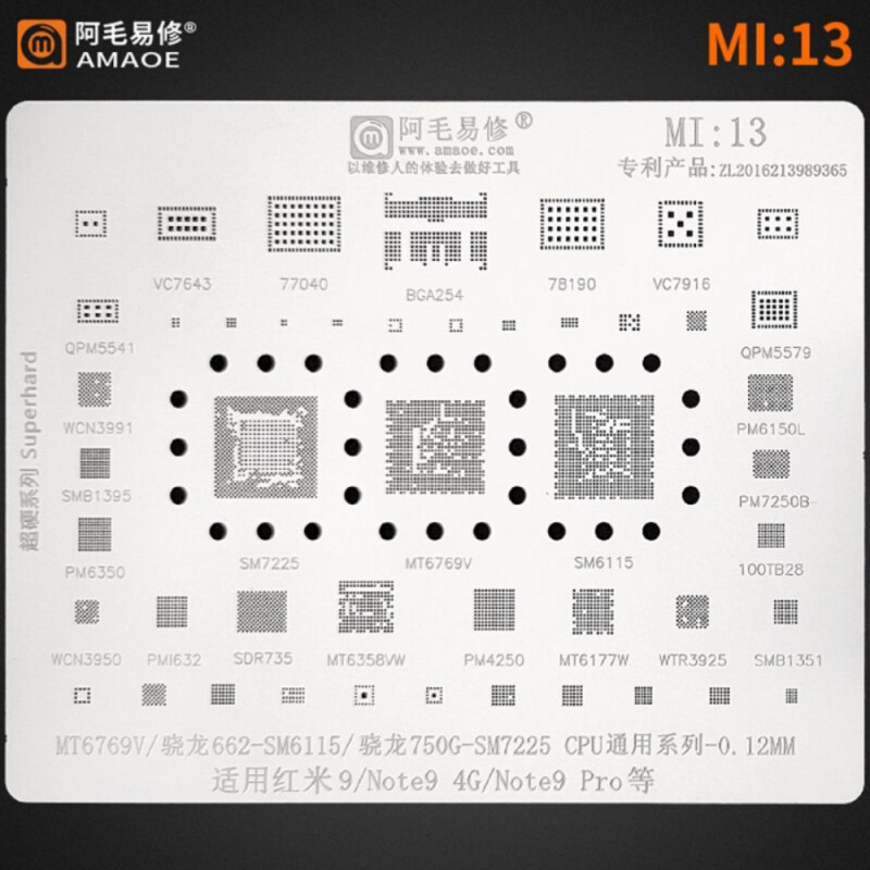 Amaoe MI:13 CPU BGA Reballing Stencil Net for Redmi 9 Note 9 Pro MT6769V 622-SM6115 750G-SM7225 BGA254