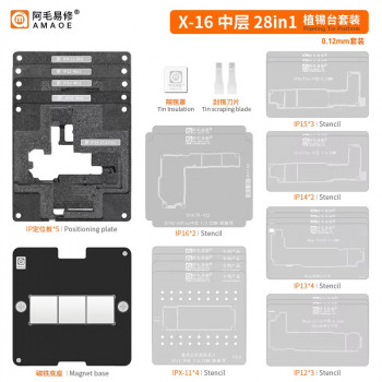 Amaoe 28-in-1 0.12mm Motherboard Middle Layer BGA Reballing Stencil Platform Set for iPhone X-16PM