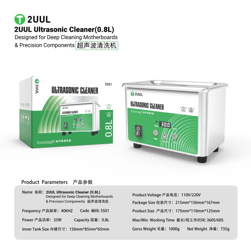 2UUL SS01 Ultrasonic Cleaner 0.8L For Components Deep Cleaning