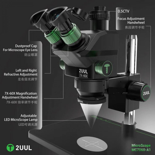 2UUL MC7060-A1 7-60X Trinocular Microscope for PCB Micro-Work