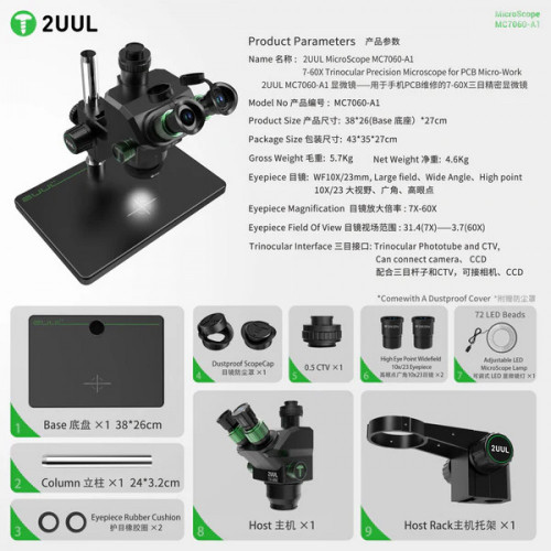 2UUL MC7060-A1 7-60X Trinocular Microscope for PCB Micro-Work