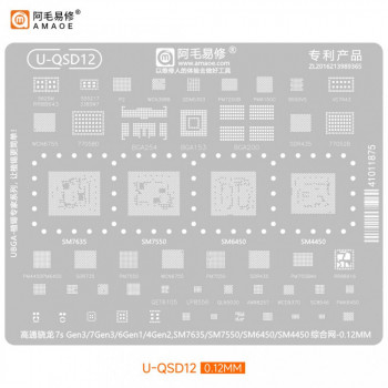 Amaoe U-QSD12 0.12mm CPU BGA Reballing Stencil Qualcomm Snapdragon SM7635 / SM7550 / SM6450 / SM4450 / PM4450 / PM6450 / SDR435