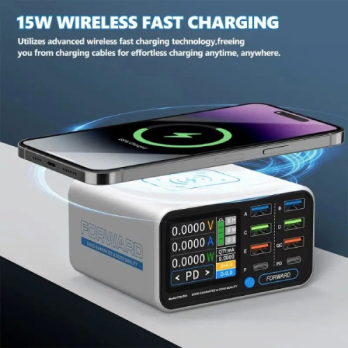 Forward FW-P01 65W Multi-Port Smart Digital Display PD & QC Fast Charger with 15W Wireless Charging