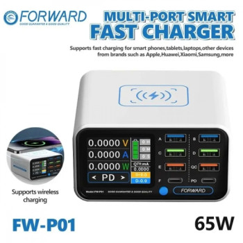 Forward FW-P01 65W Multi-Port Smart Digital Display PD & QC Fast Charger with 15W Wireless Charging