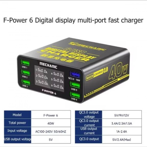 Mechanic F-Power 6s Series 6-Ports USB QC3.0 40W Smart LCD Display Charging Station