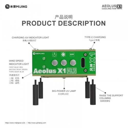 Mijing Aeolus X1 Rechargeable 3-in-1 UV Curing / Smoke Exhaust / Cooling Fan for PCB Repair