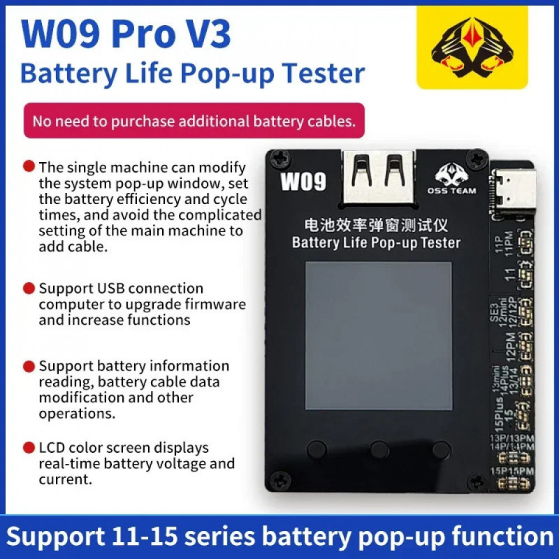 OSS W09 Pro V3 Battery Life Data Repair Pop-Up Tester No External Cable for iPhone 11 to 15Pro Max