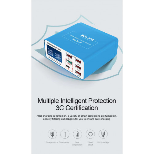 RELIFE RL-304P Smart 6-port USB Digital Display Charger for All Mobile Phones And Tablet Charging Support for PD3.0+QC3.0