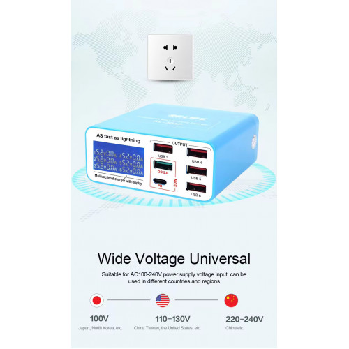 RELIFE RL-304P Smart 6-port USB Digital Display Charger for All Mobile Phones And Tablet Charging Support for PD3.0+QC3.0
