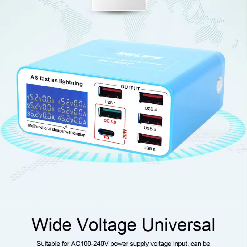 RELIFE RL-304P Smart 6-port USB Digital Display Charger for All Mobile Phones And Tablet Charging Support for PD3.0+QC3.0