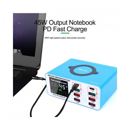 Relife RL-304S 8 USB+PD Port Smart Lightning Charger With Wireless (Upto 10W) Charging