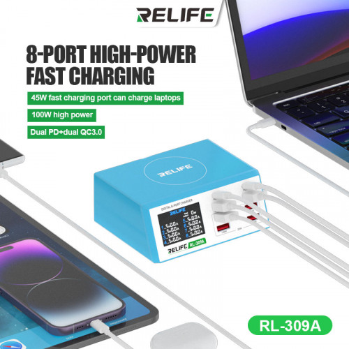 Relife RL-309A 100W High Power 8-Port Fast Charging Digital Display USB Charger