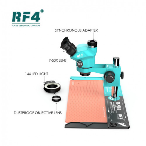 RF-7050PRO+PO88 7X-50X SYNCHRONOUS ZOOM TRINOCULAR STEREO MICROSCOPE WITH ALUMINUM ALLOY BASE & THERMOPLASTIC RUBBER MAT