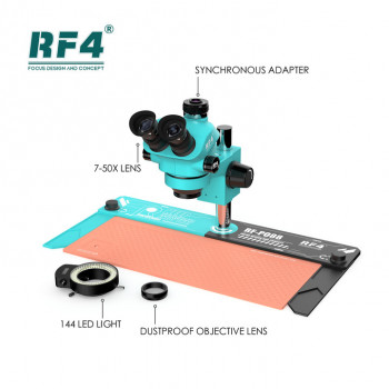 RF-7050PRO+PO88 7X-50X SYNCHRONOUS ZOOM TRINOCULAR STEREO MICROSCOPE WITH ALUMINUM ALLOY BASE & THERMOPLASTIC RUBBER MAT