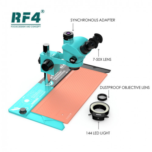 RF-7050PRO+PO88 7X-50X SYNCHRONOUS ZOOM TRINOCULAR STEREO MICROSCOPE WITH ALUMINUM ALLOY BASE & THERMOPLASTIC RUBBER MAT