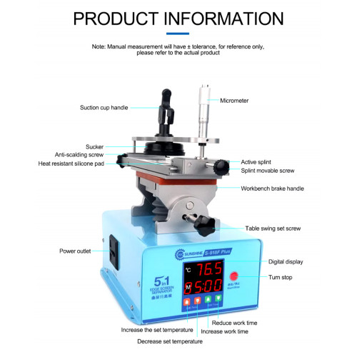SUNSHINE S-918F Plus 360 Degree Rotary Curved Screen Separator Glue Remover Middle Frame Separation Heating Phone Repair Tools