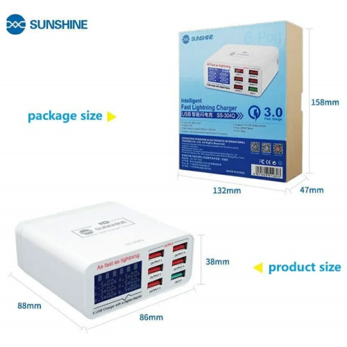 SUNSHINE SS-304Q 6 PORT USB SMART LIGHTNING CHARGER