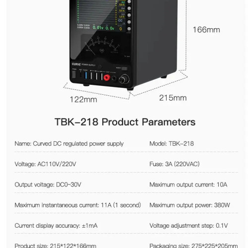 TBK-218 30V / 10A Intelligent Control Curved DC Regulated Power Supply with Pointer Meter
