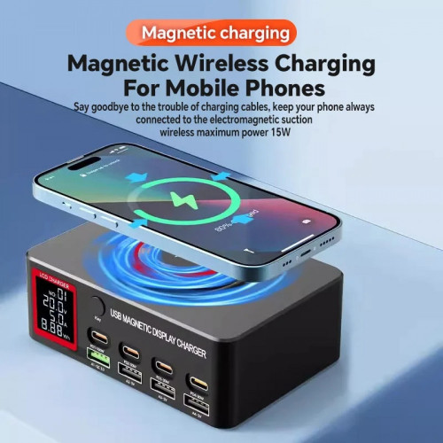 YCS S500 140W 8-Port Multi USB Charger with Display PD 100WQCLCD 15W Magnetic Wireless Charging Station for Phones Fast Charging Tools