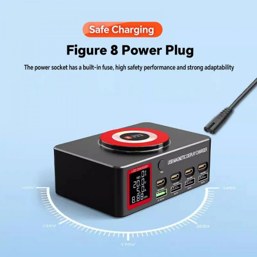 YCS S500 140W 8-Port Multi USB Charger with Display PD 100WQCLCD 15W Magnetic Wireless Charging Station for Phones Fast Charging Tools